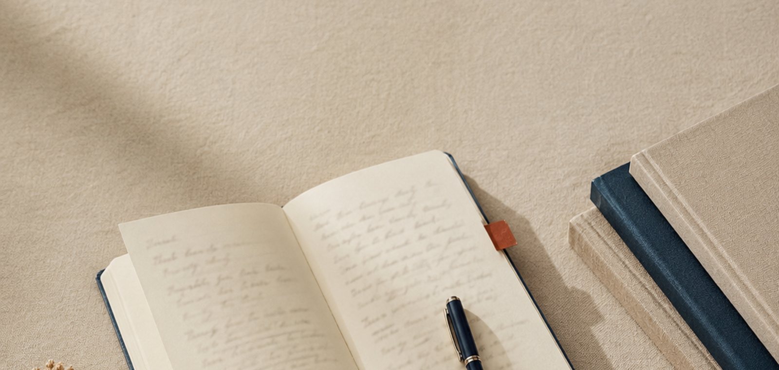 Caderno aberto com anotações à mão, caneta e livros sobre uma mesa clara